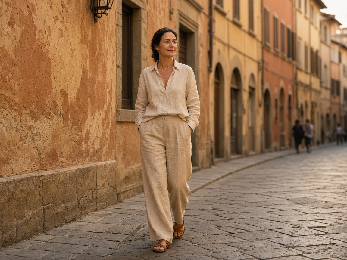 Donna che cammina con passo calmo in una via italiana